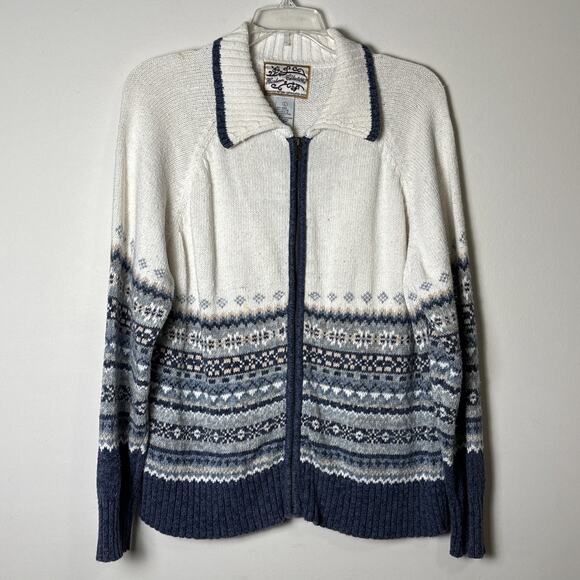 Heirloom Collectibles VTG Fair Isle Cardigan Sweater L Collar Zip Up Blue White - Picture 1 of 8